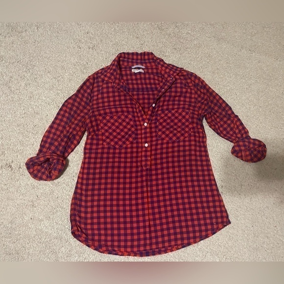 Merona Red and black 3/4 sleeve plaid top size XS - Picture 2 of 7